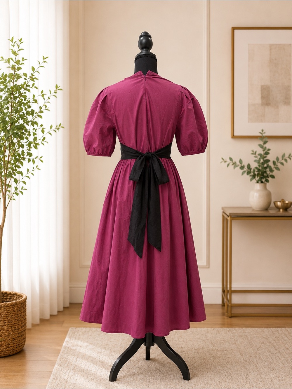 Black & Mauve Puff Sleeve Tie Back Midi Dress Small - Picture 4 of 4
